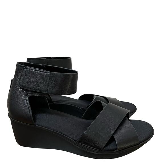 NATURALIZER Womens Riviera Ankle Stap Leather Wedge Sandals US 8 EU 38 Black - Picture 1 of 9